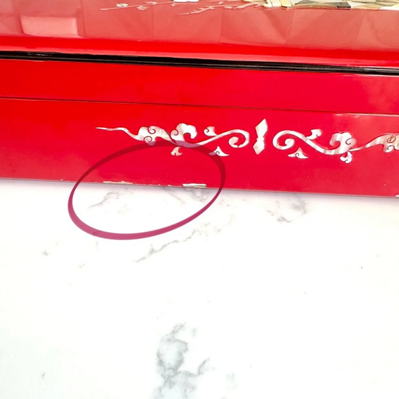 Vintage Lacquered Red Box Mother of Pearl Abalone Inlay Asian Box Stationary Box - Picture 10 of 16